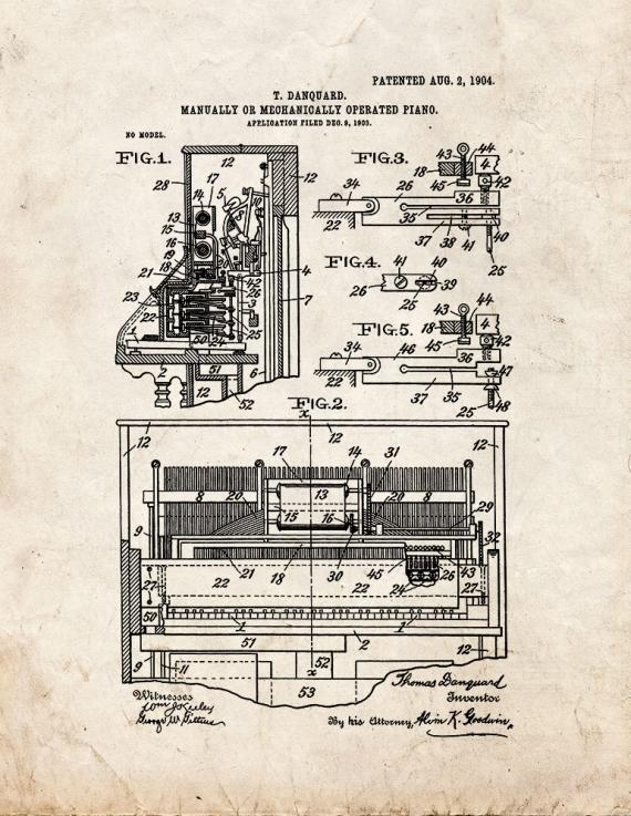Manually or Mechanically Operated Piano Patent Print