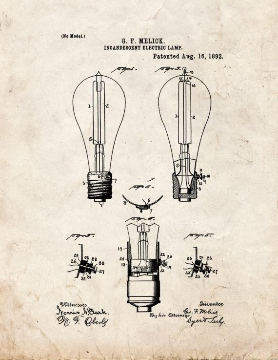 Incandescent Electric Lamp Patent Print