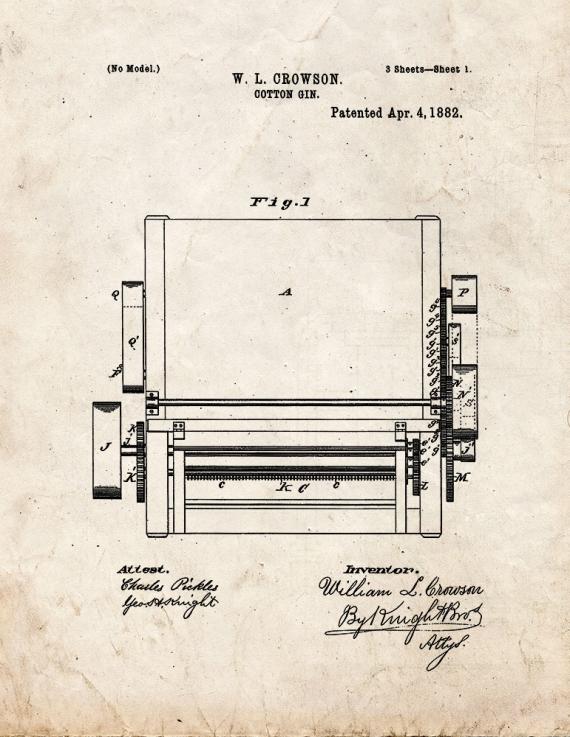 Cotton Gin Patent Print