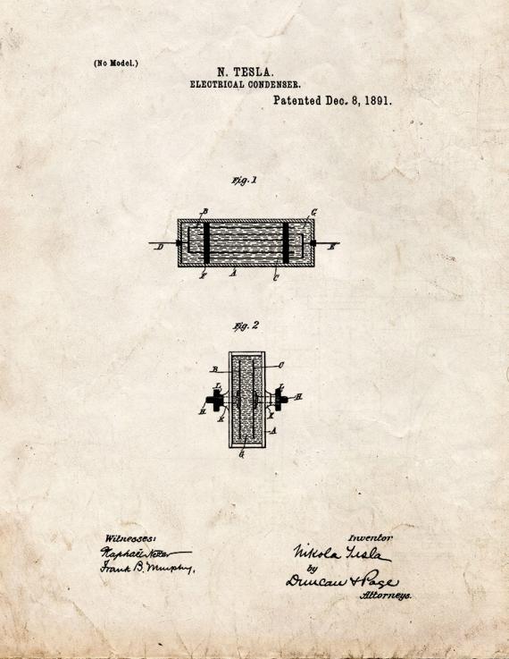 Tesla Electrical Condenser Patent Print