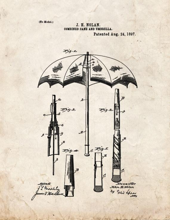 Combined Cane And Umbrella Patent Print