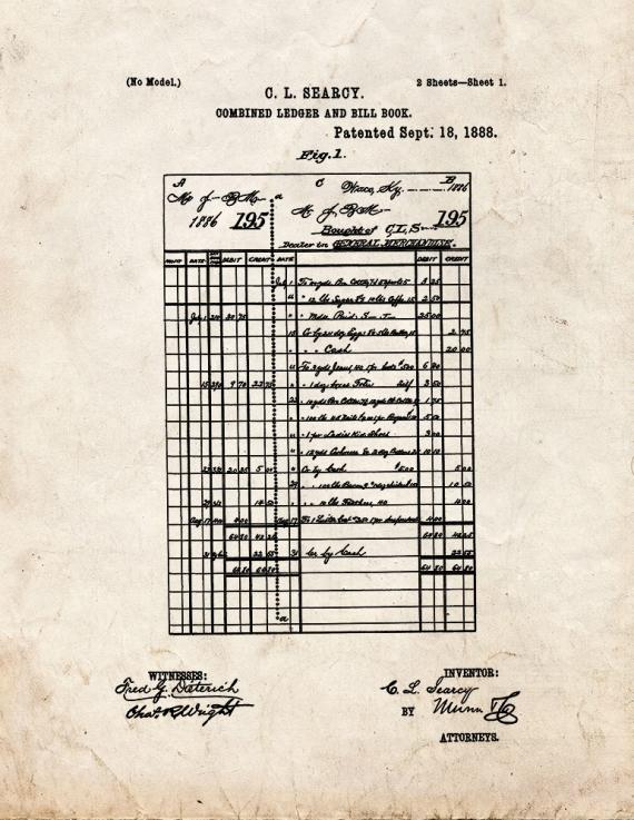 Combined Ledger And Bill Book Patent Print