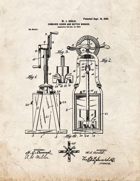 Combined Churn and Butter-worker Patent Print
