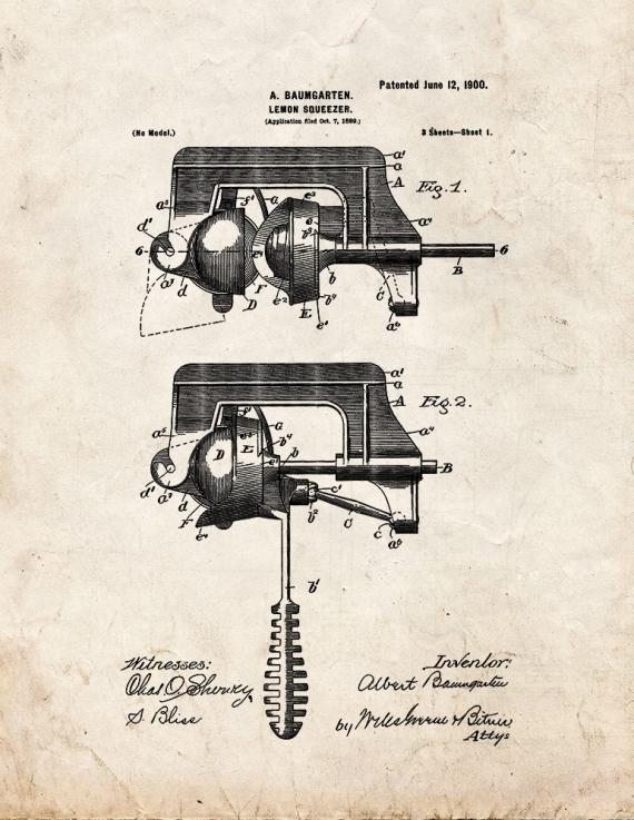 Lemon Squeezer Patent Print