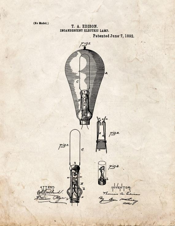 Edison Light Bulb Patent Print