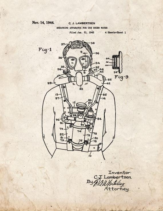 Breathing Apparatus for Use Under Water Patent Print