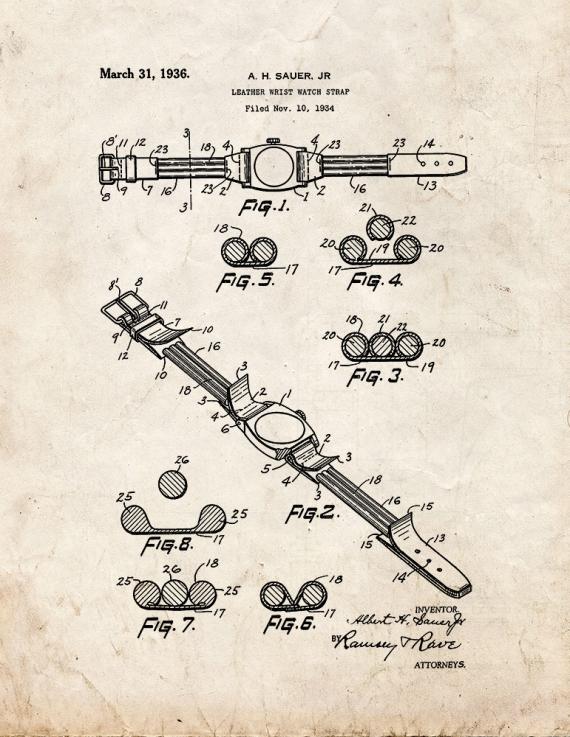 Leather Wrist Watch Strap Patent Print