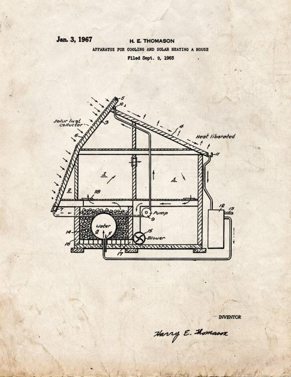 Apparatus for Cooling and Solar Heating A House Patent Print