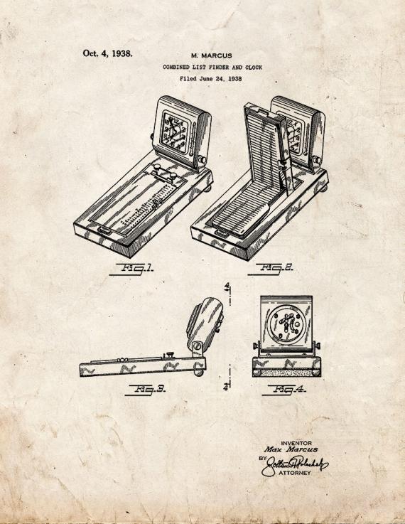 Combined List Finder And Clock Patent Print