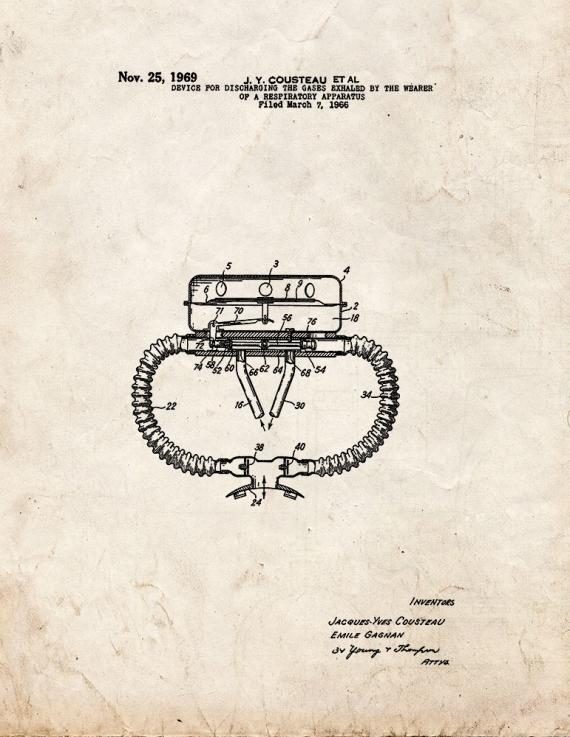 Jacques Cousteau Device For Discharging The Gases Exhaled Patent Print