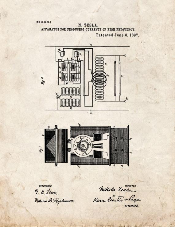 Tesla Apparatus For Producing Currents Of High Frequency Patent Print