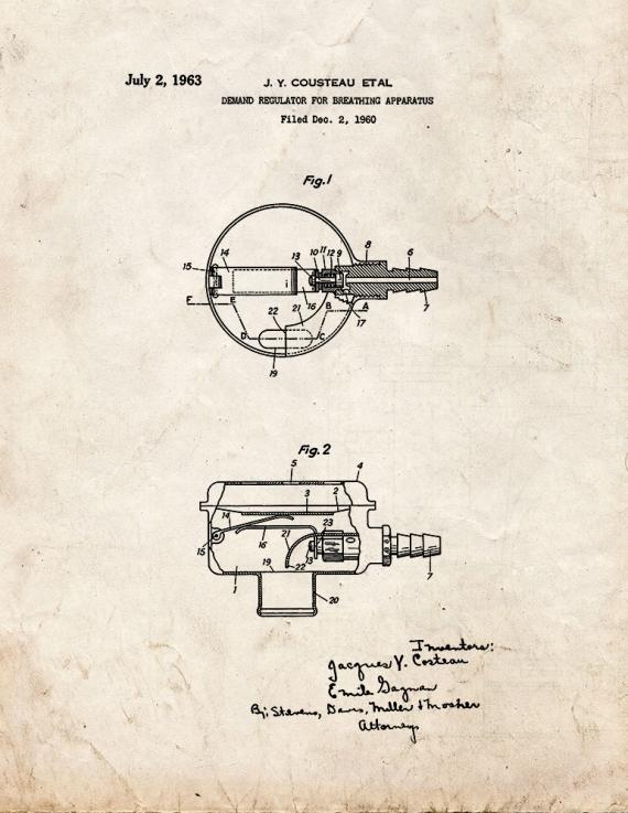 Jacques Cousteau Demand Regulator For Breathing Apparatus Patent Print