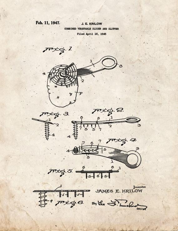 Vegetable Slicer and Slitter Patent Print
