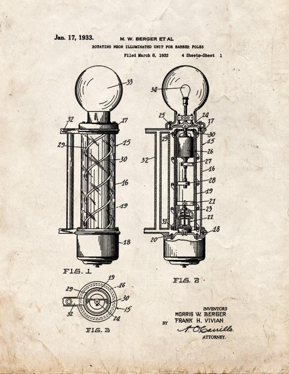 Rotating Neon Illuminated Unit for Barber Poles Patent Print