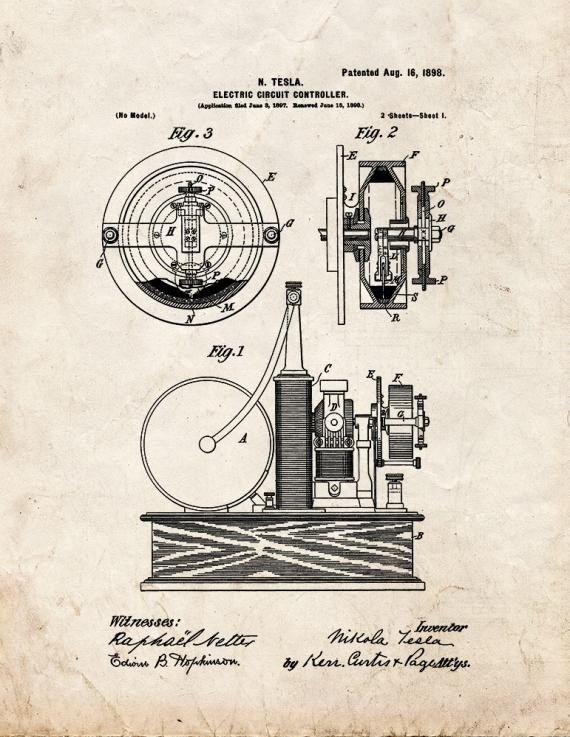 Tesla Electric Circuit Controller Patent Print