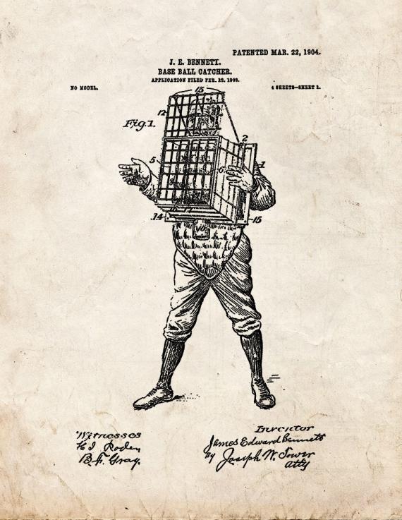 Baseball Catcher Patent Print