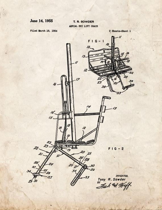 Aerial Ski Lift Chair Patent Print