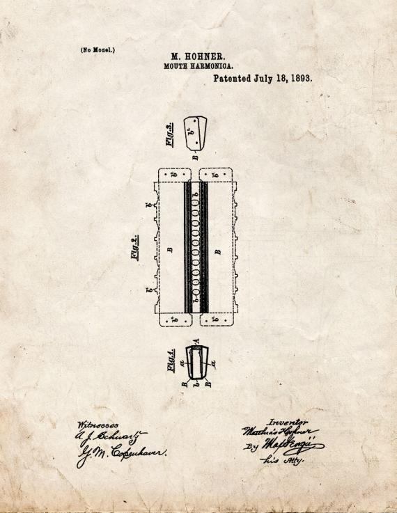 Mouth Harmonica Patent Print