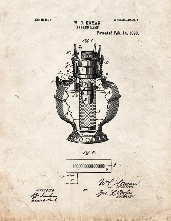 Argand Lamp Patent Print