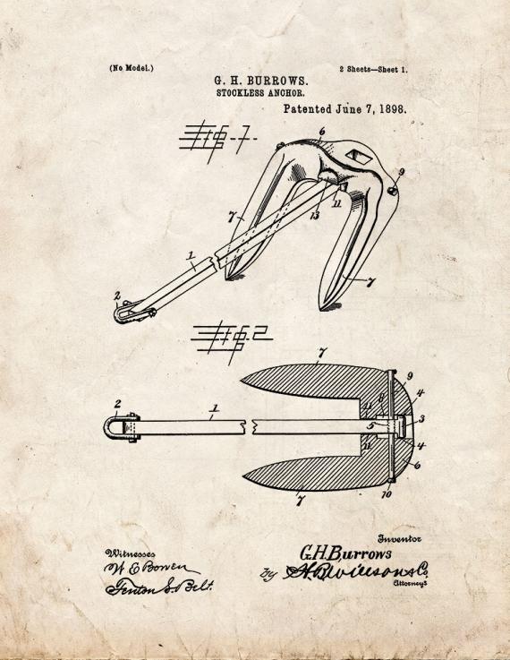 Stockless Anchor Patent Print