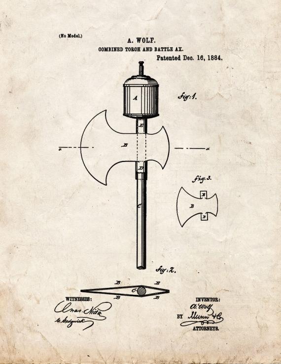 Combined Torch And Battle Ax Patent Print