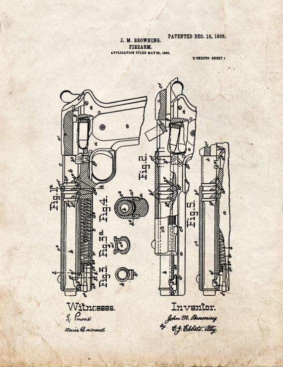 Colt Model 1905 in .45 ACP Gun Patent Print