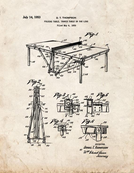 Table Tennis or Ping Pong Table Patent Print