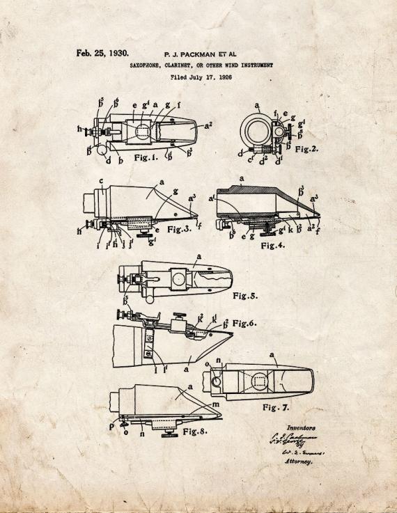 Saxophone, Clarinet, or Other Wind Instrument Patent Print