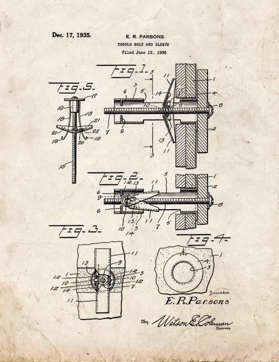 Toggle Bolt and Sleeve Patent Print