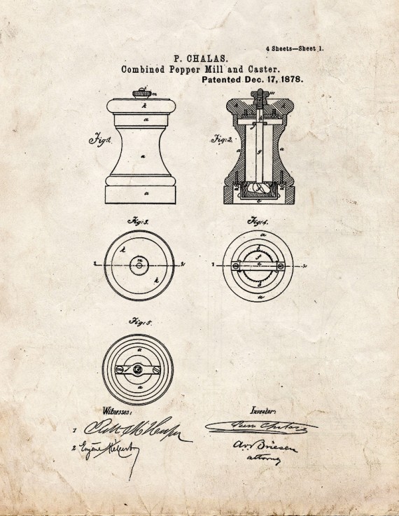 Combined Pepper Mill And Caster Patent Print