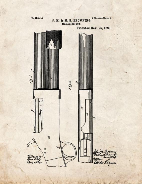 Winchester 1893 and 1897 pump action Shotguns Patent Print