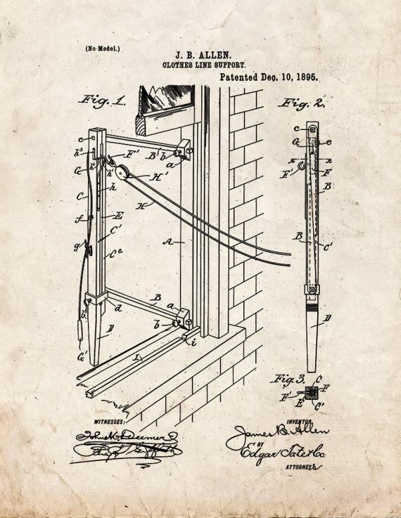 Clothesline Support Patent Print