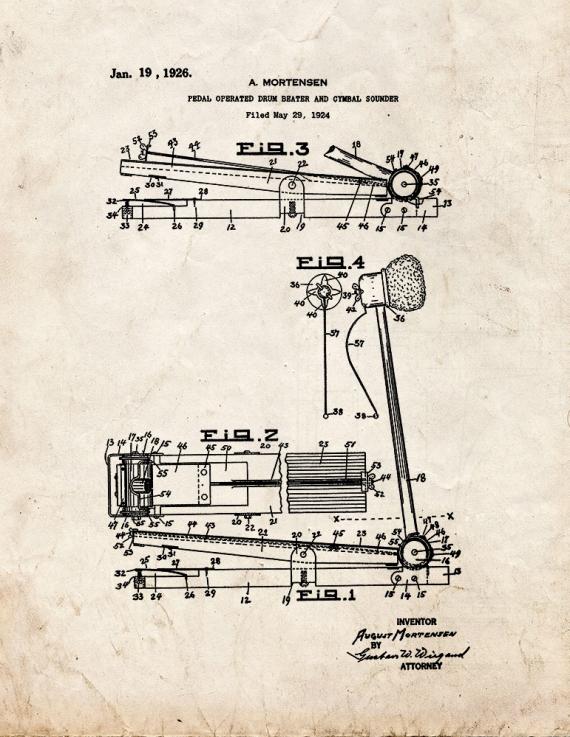 Pedal-operated Drum Beater and Cymbal Sounder Patent Print