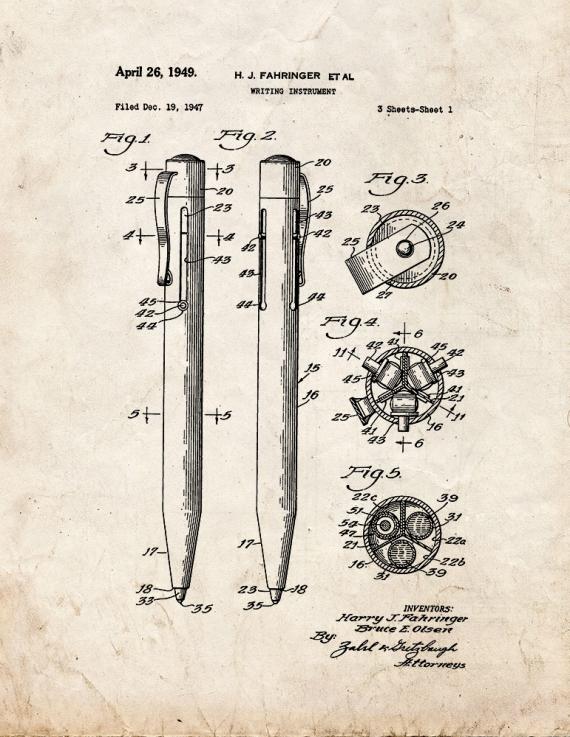 Writing Instrument Patent Print