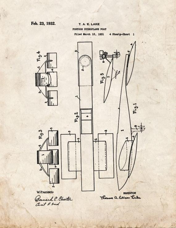 Pontoon-hydroplane Boat Patent Print