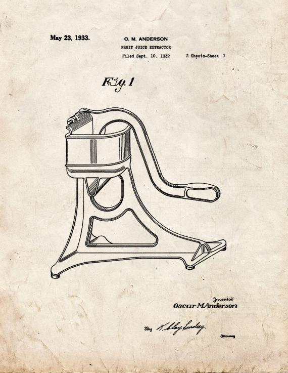 Fruit Juice Extractor Patent Print