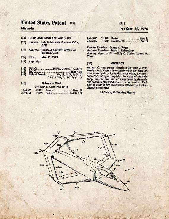 Boxplane Wing and Aircraft Patent Print