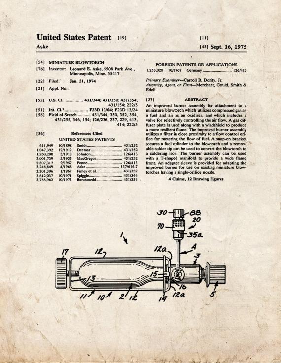 Miniature Blowtorch Patent Print
