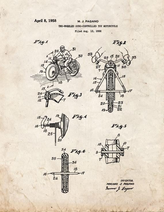 Two-wheeled Gyro-controlled Toy Motorcycle Patent Print