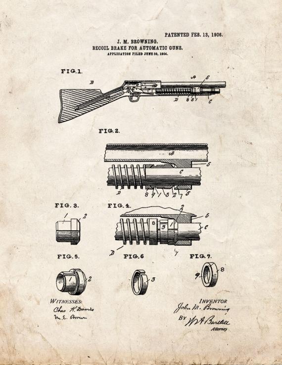 Browning Recoil-brake For Automatic Guns Patent Print
