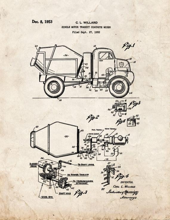 Single Motor Transit Concrete Mixer Patent Print
