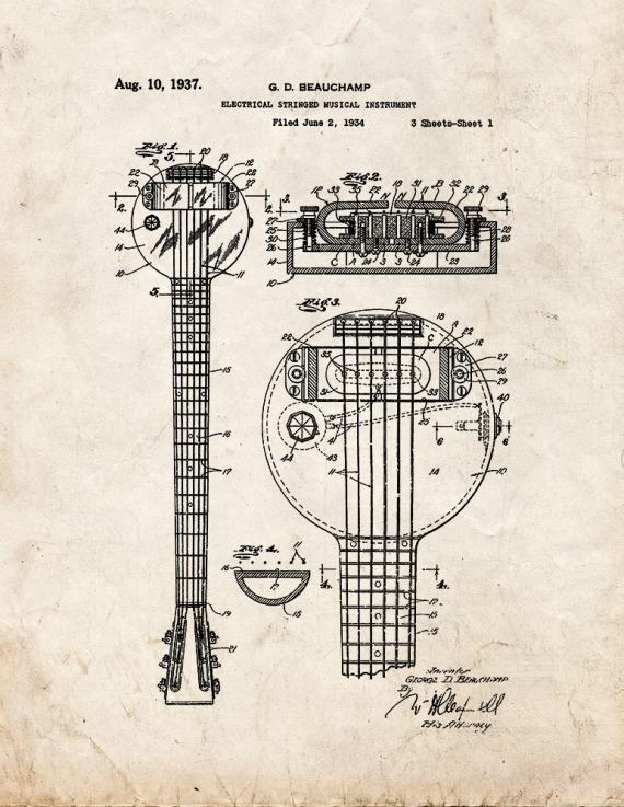 Electrical Stringed Musical Instrument Patent Print