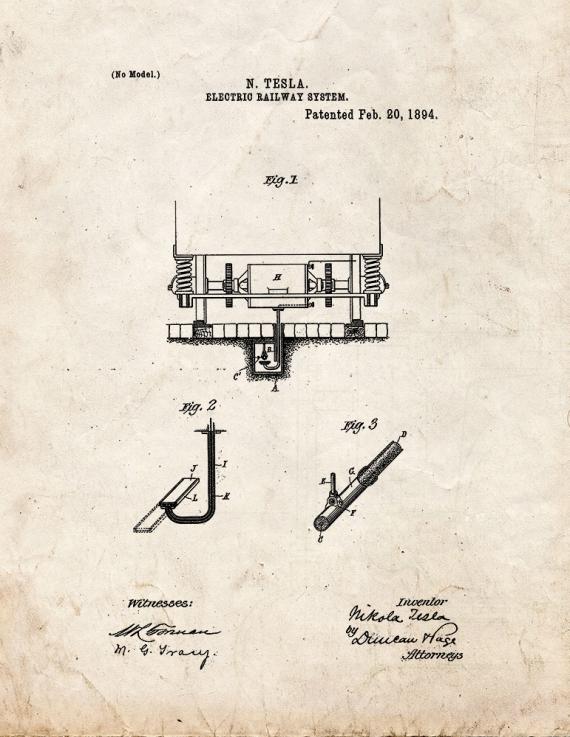 Tesla Electric Railway System Patent Print