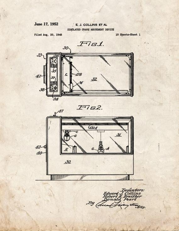 Simulated Crane Amusement Device Patent Print