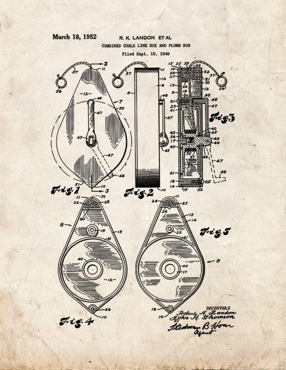 Combined Chalk-line Box and Plumb Bob Patent Print