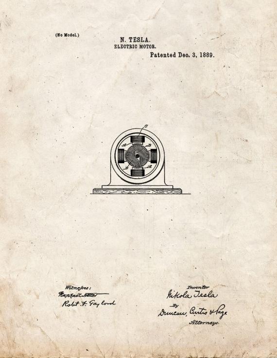 Tesla Electric Motor Patent Print