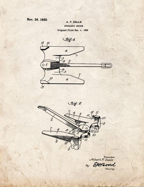 Stockless Anchor Patent Print