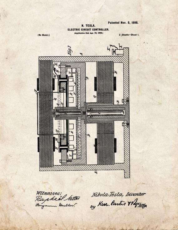 Tesla Electric Circuit Controller Patent Print