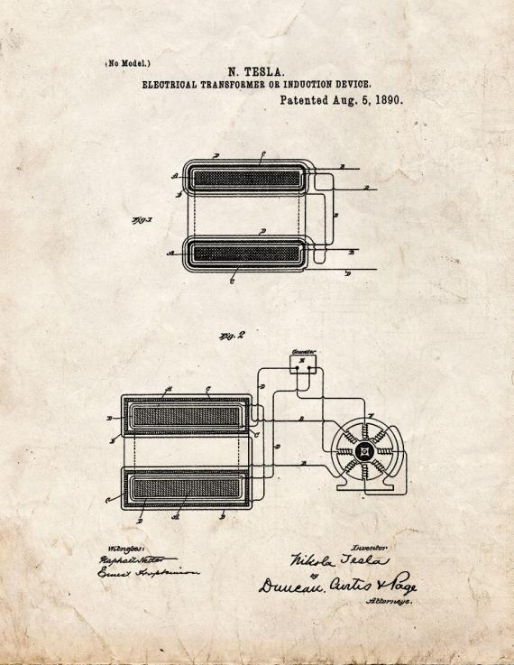 Tesla Electrical Transformer Or Induction Device Patent Print