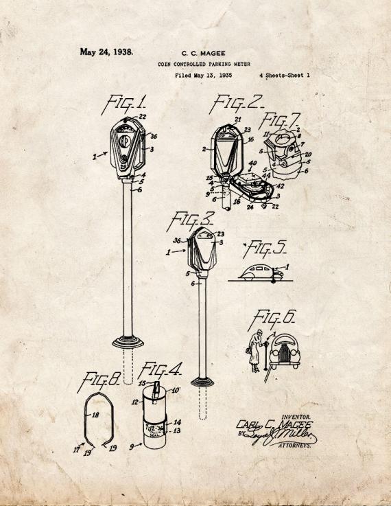 Coin Controlled Parking Meter Patent Print